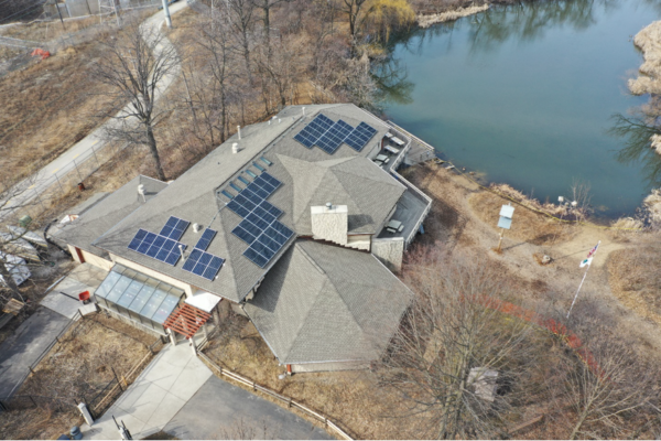 Arial view of solar panels on roof